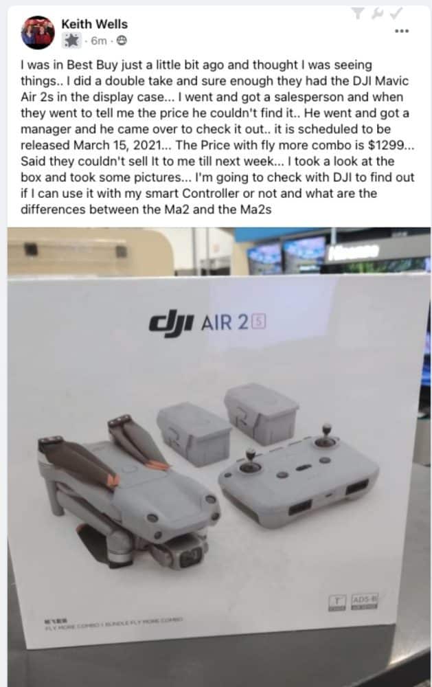 Screenshot of a Facebook post by Keith Wells showing the boxed Air 2S combo.