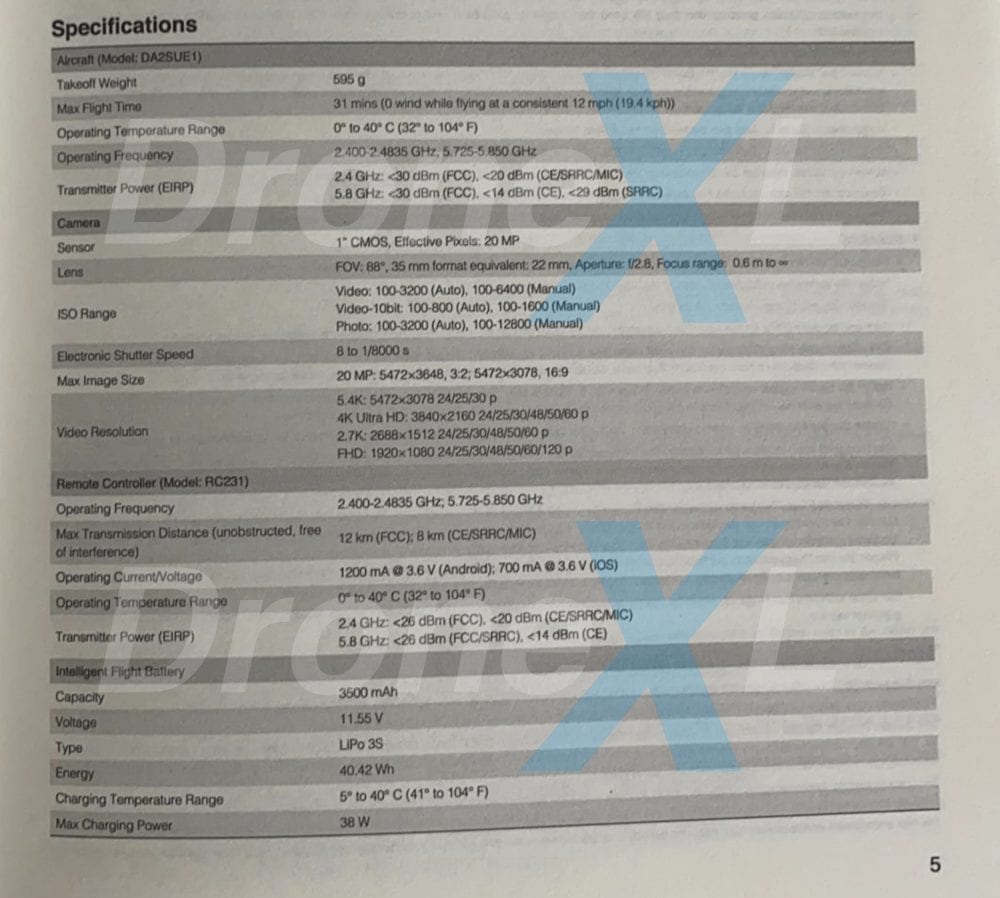 Scanned specification page listing Air 2S takeoff weight, flight time and camera details.