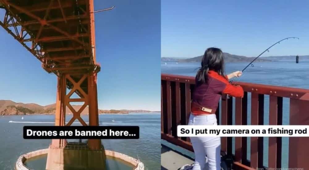 Video stills of the Golden Gate Bridge and a camera cast from a fishing rod.