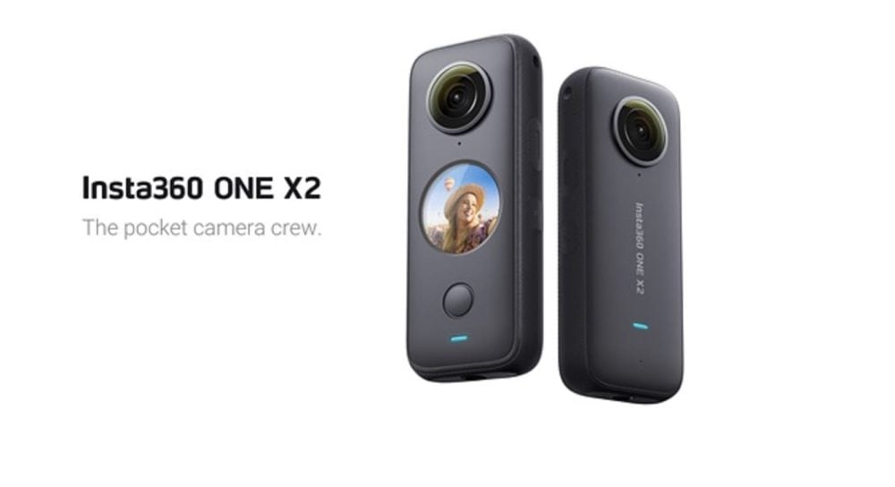 Insta360 ONE X2 promotional shot showing the pocket 360 camera front and back.