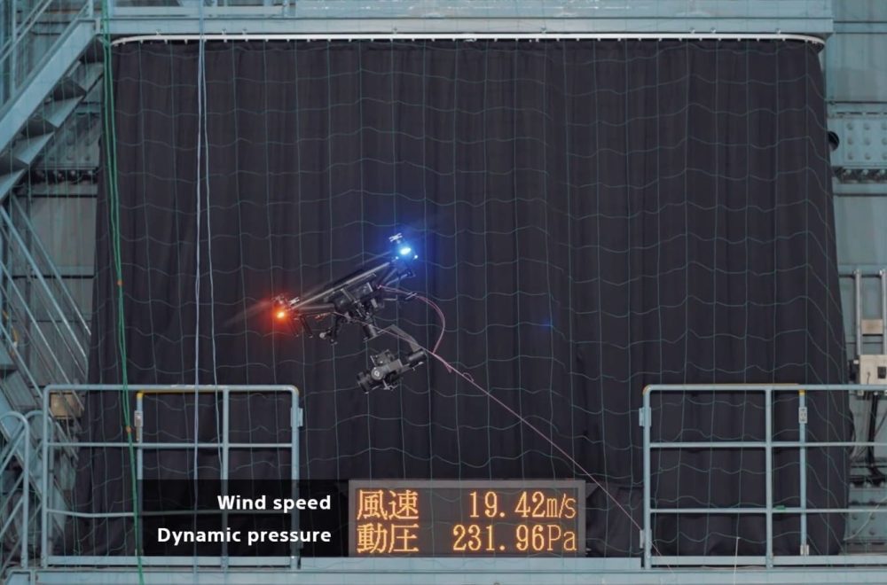 Sony Airpeak prototype hovering inside the JAXA wind tunnel test section.
