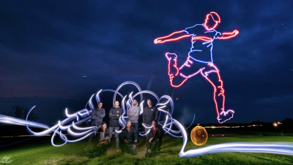 Frodo Alvarez's light-painted soccer player, drawn in the sky by five drones.