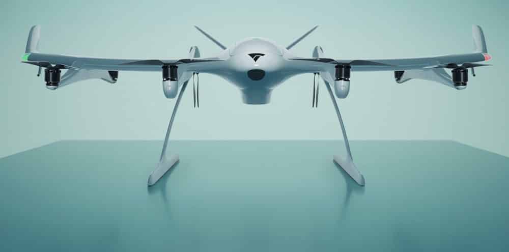 Rendering of the Wingcopter 198 eVTOL delivery aircraft seen head-on.