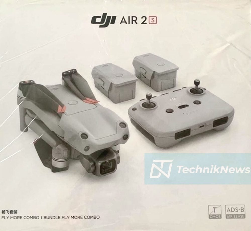 Scuffed retail box for the DJI Air 2S listing its 1-inch CMOS sensor.
