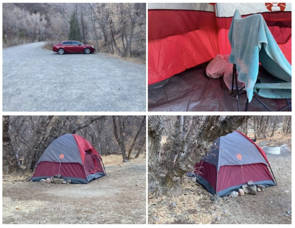 Four photos of an abandoned car and campsite tents found during the search.