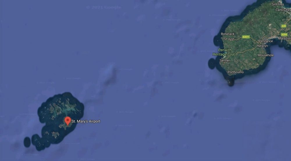 Map of the Isles of Scilly marking the airport on St Marys.
