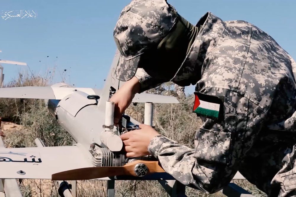 Close view of the loitering drone's nose and explosive payload section.