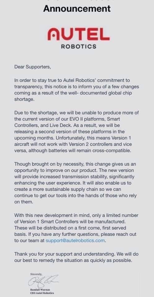 Scanned Autel Robotics letter explaining the chip shortage and Version 2 hardware changes.