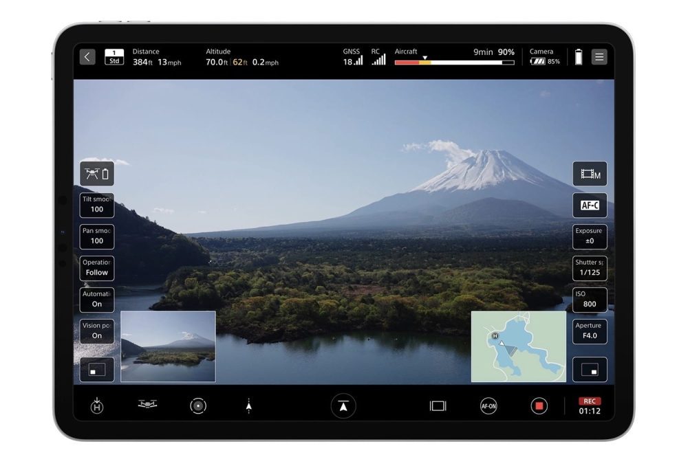 Airpeak Flight app on an iPad showing battery, speed, and flight mode controls.