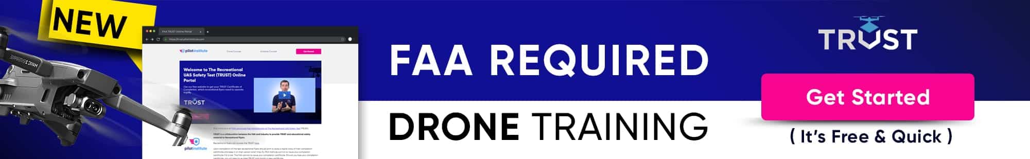 Pilot Institute banner promoting the free FAA TRUST test for recreational drone pilots.
