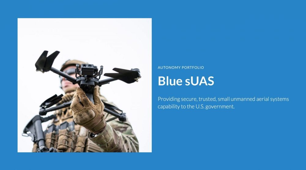 Blue sUAS portfolio slide showing a soldier launching a small military quadcopter.
