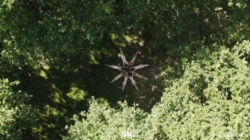 Another Dronude example frame showing models posed for an overhead drone shot.