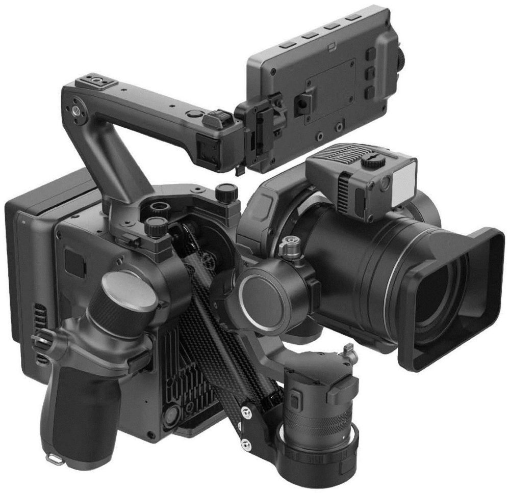 Leaked image of a large DJI handheld gimbal carrying a DL-mount cinema camera module.