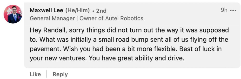 Response from Autel Robotics owner and general manager Maxwell Lee to the resignation.
