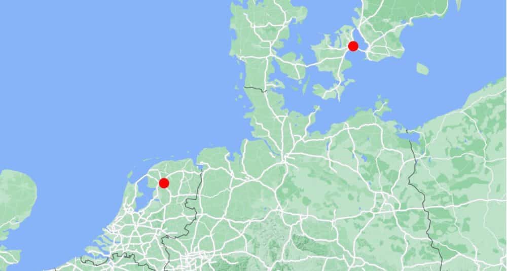 Map of northwest Europe with red markers at the flight start and end points.