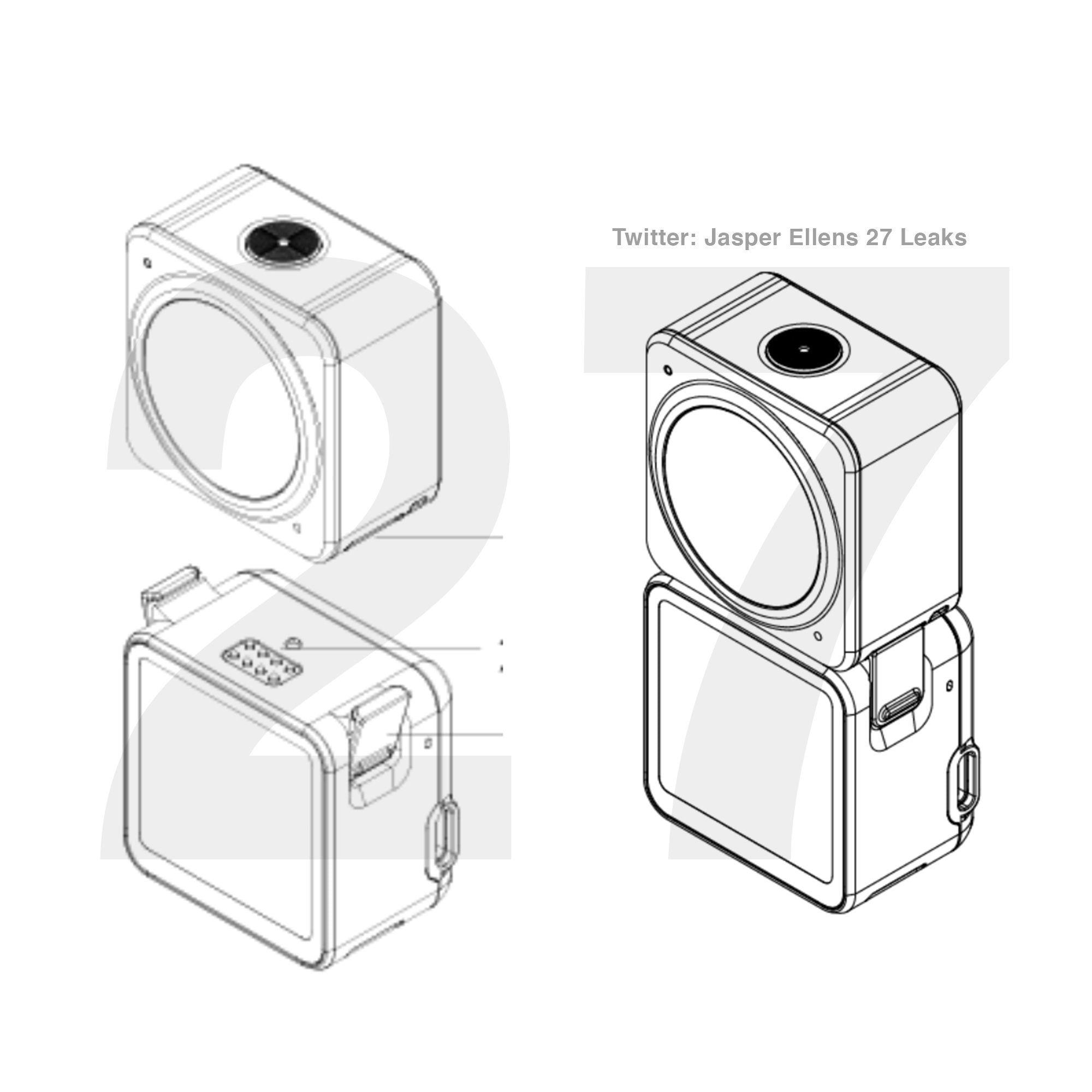Leaked sketches showing the DJI Action 2 camera and magnetic accessory module from several angles.