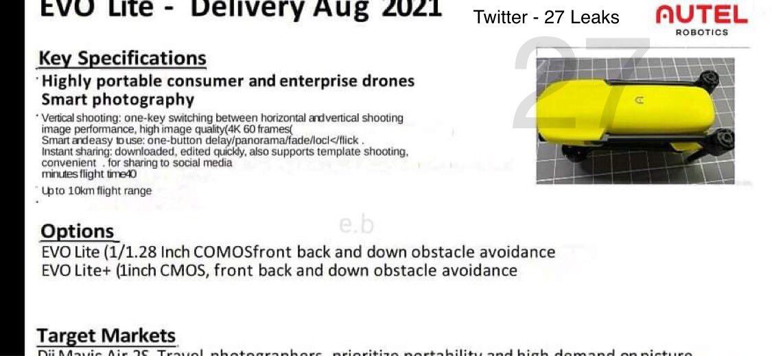 Leaked image of the Autel EVO Lite, the company's answer to the DJI Air 2S.
