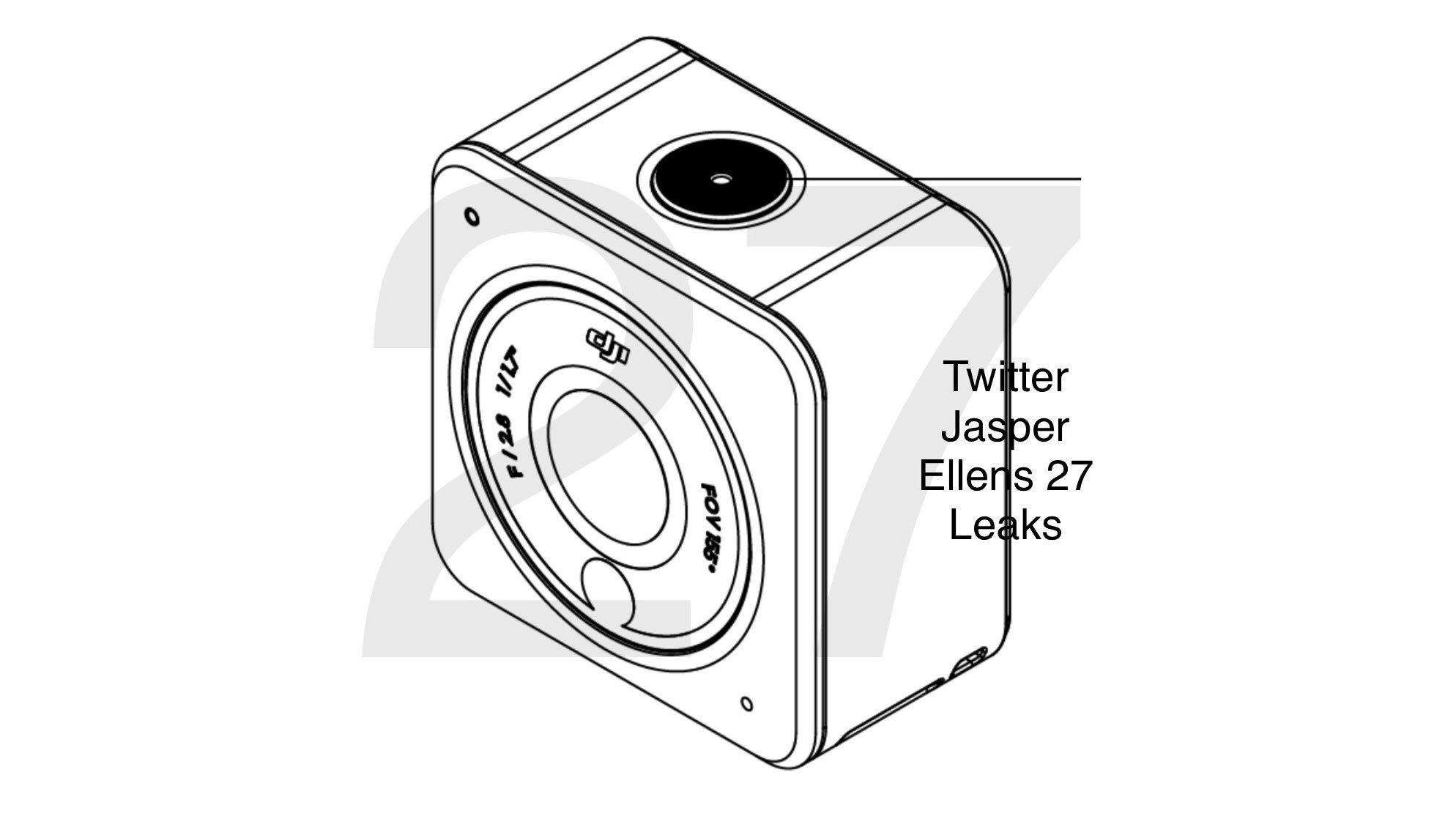 Leaked line drawing of the cube-shaped DJI Action 2 camera module.