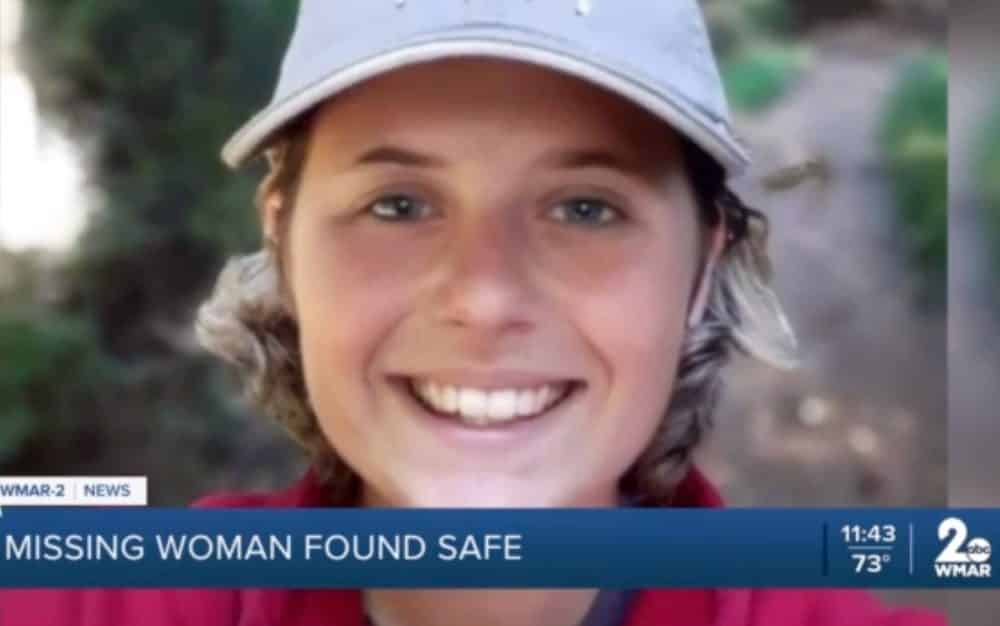 Local news broadcast reporting the missing Maryland woman was found safe.