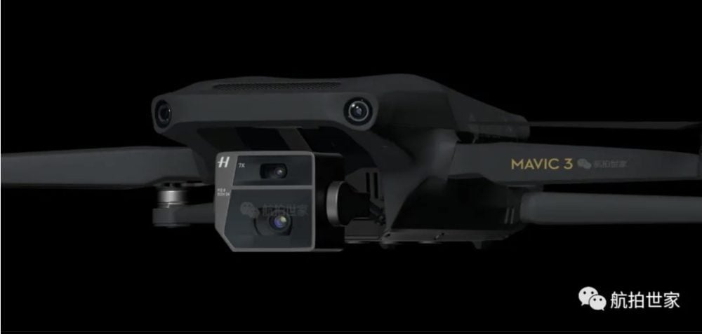 Leaked rendering of the DJI Mavic 3 with its dual-lens Hasselblad camera.