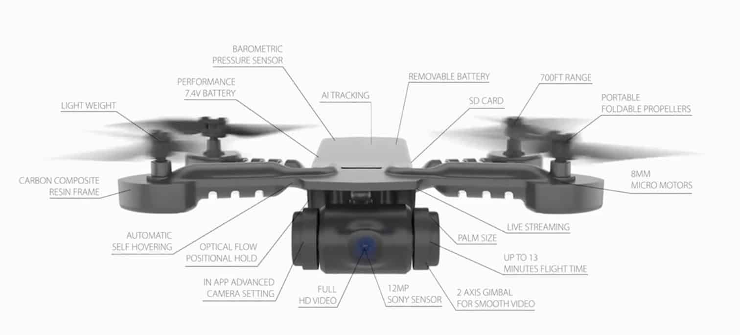 Annotated diagram labelling the Micro Drone 4.0 sensors, battery and camera.
