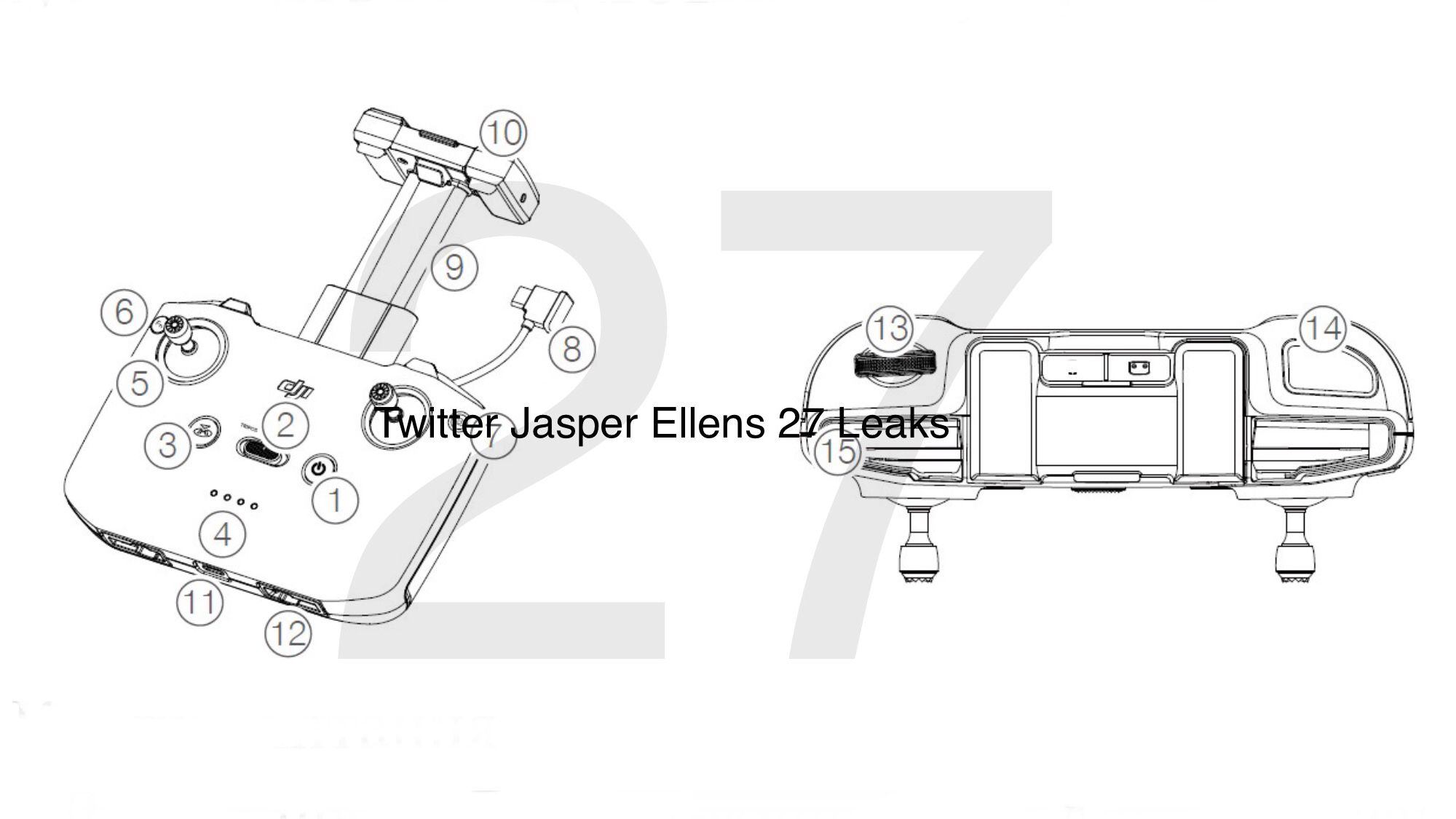 Leaked diagram numbering the parts of the RC-N1 controller with phone clamp.