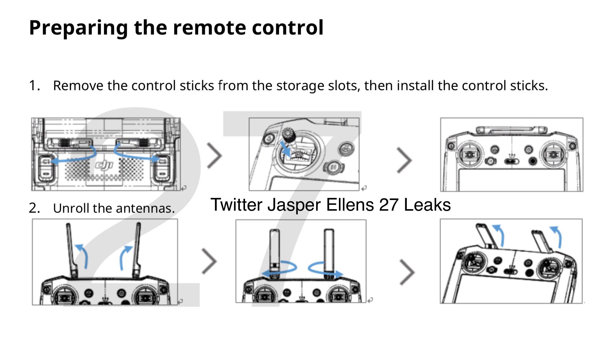 Leaked RC Pro manual page showing control stick installation and antenna unfolding steps.
