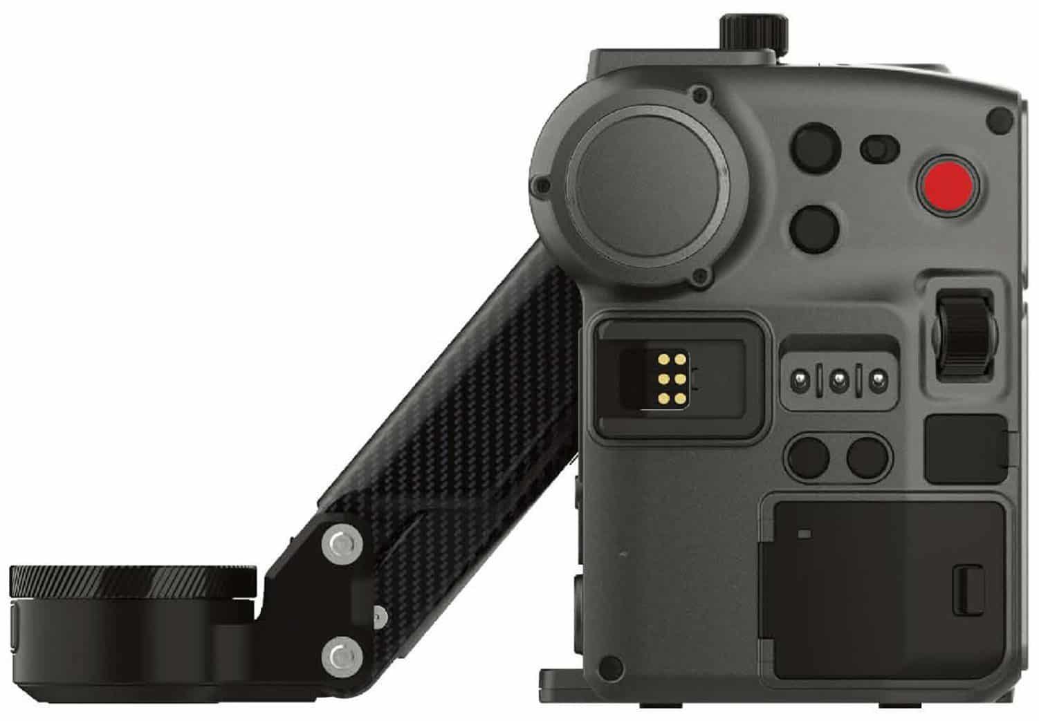 Render of a boxy cinema camera body with a folding gimbal arm.