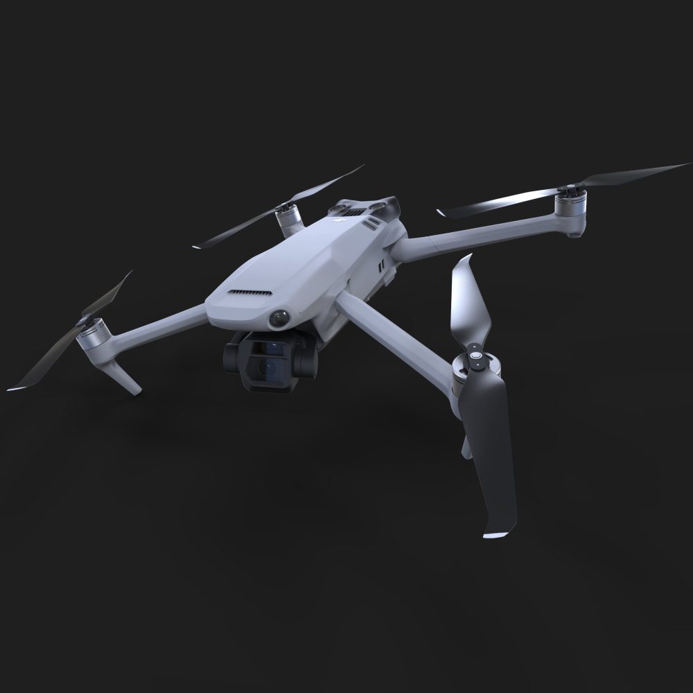DJI Mavic 3 rendering from a three-quarters front angle showing its dual Hasselblad camera.