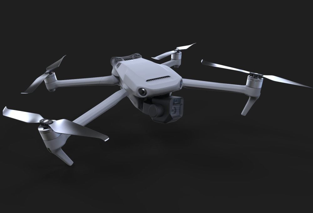 Second Mavic 3 rendering angled to reveal the gimbal and full grey airframe.