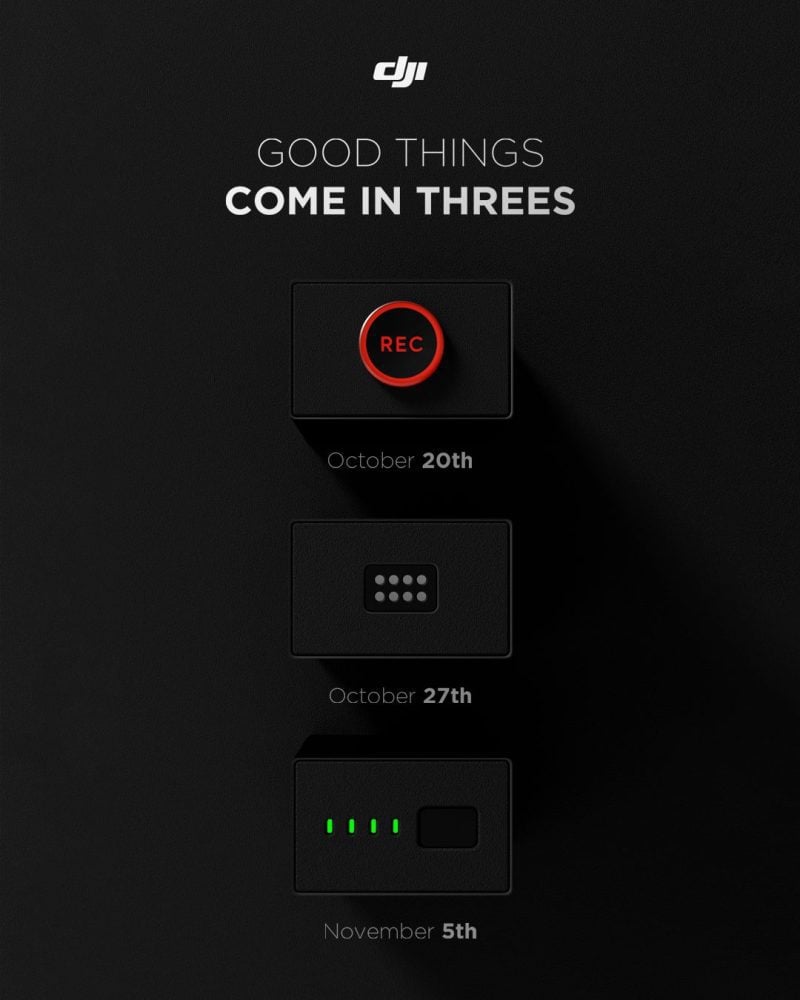 DJI teaser graphic promising three product launches on October 20, October 27 and November 5.