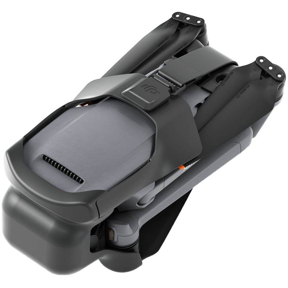 Folded DJI Mavic 3 wearing a grey strap-on protector over its gimbal camera.