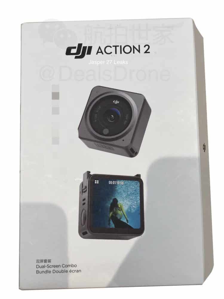 The DJI Action 2 Dual-Screen Combo retail box showing the camera and touchscreen module.