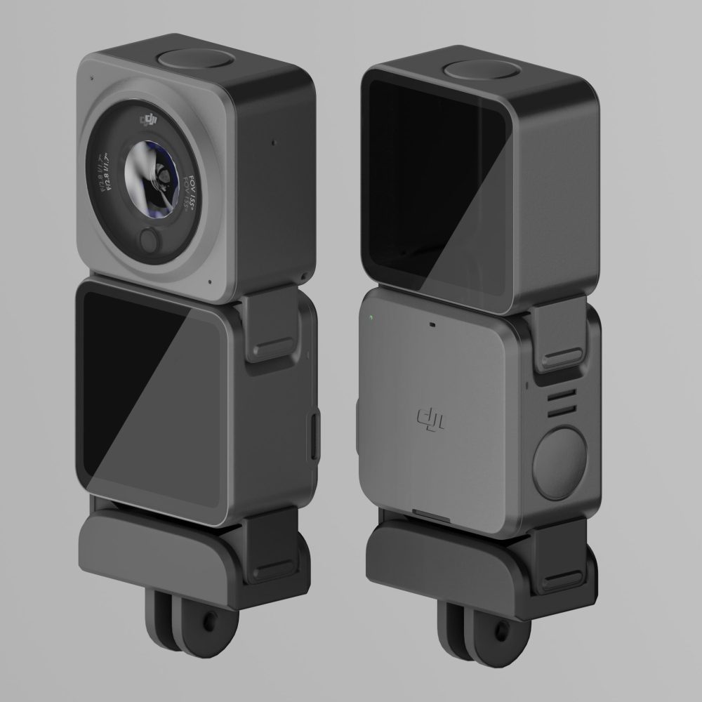Two renders of the DJI Action 2 camera magnetically stacked on its battery module.