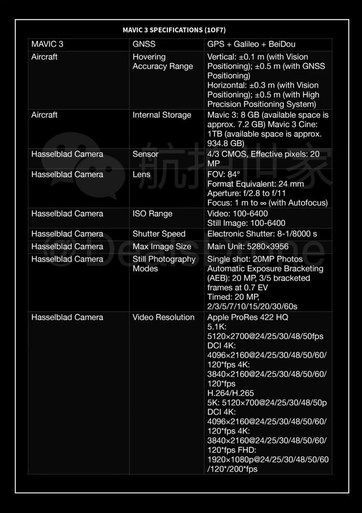 Leaked spec page detailing the Mavic 3 GNSS, storage and Hasselblad camera sensor.