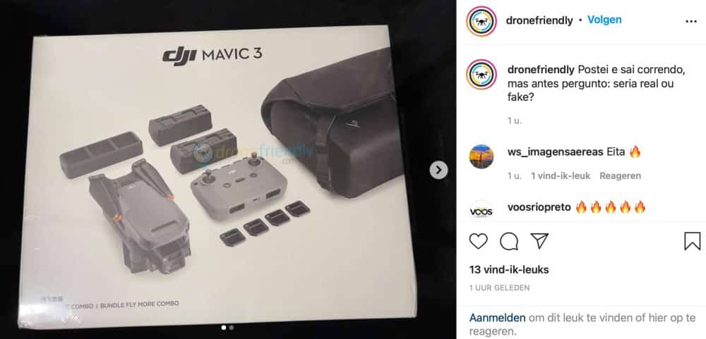 Instagram post showing the DJI Mavic 3 Fly More Combo box contents.
