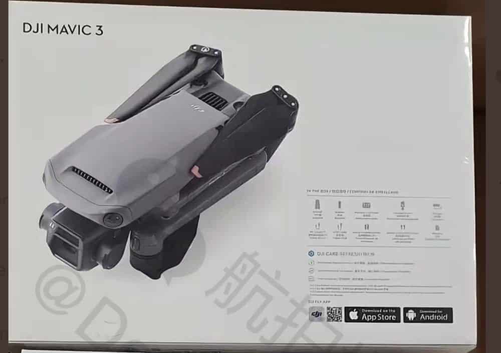 Angled DJI Mavic 3 retail box revealing the spec panel and app codes.