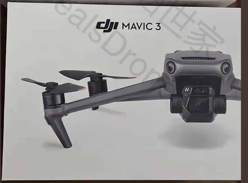 Front of a DJI Mavic 3 retail box showing the drone against grey.