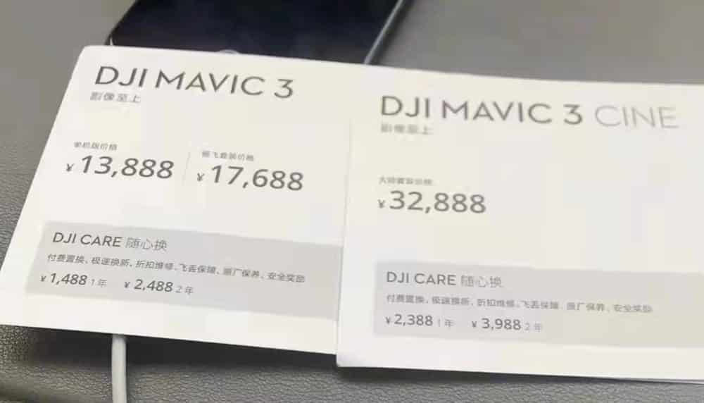 Chinese store price cards listing the Mavic 3 at 13,888 yuan and Cine at 32,888.