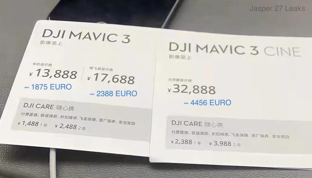 The same price cards annotated with euro conversions of each Mavic 3 variant.