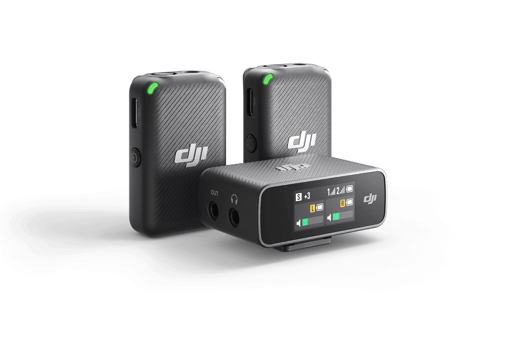The DJI Mic receiver with its USB-C, Lightning, and 3.5mm TRS ports.