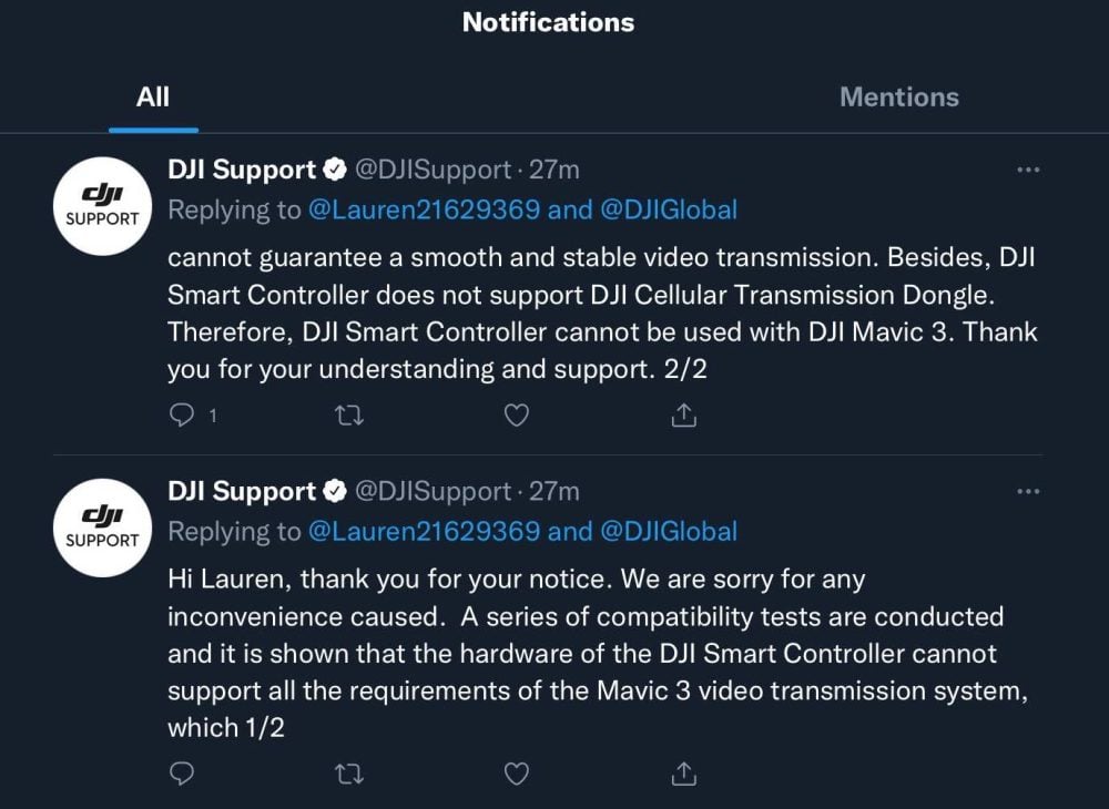 The original DJI Smart Controller V1, which DJI says cannot fly the Mavic 3.