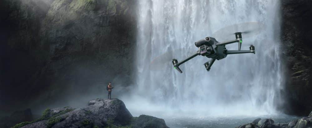 DJI Mavic 3 key visual set against a waterfall landscape.