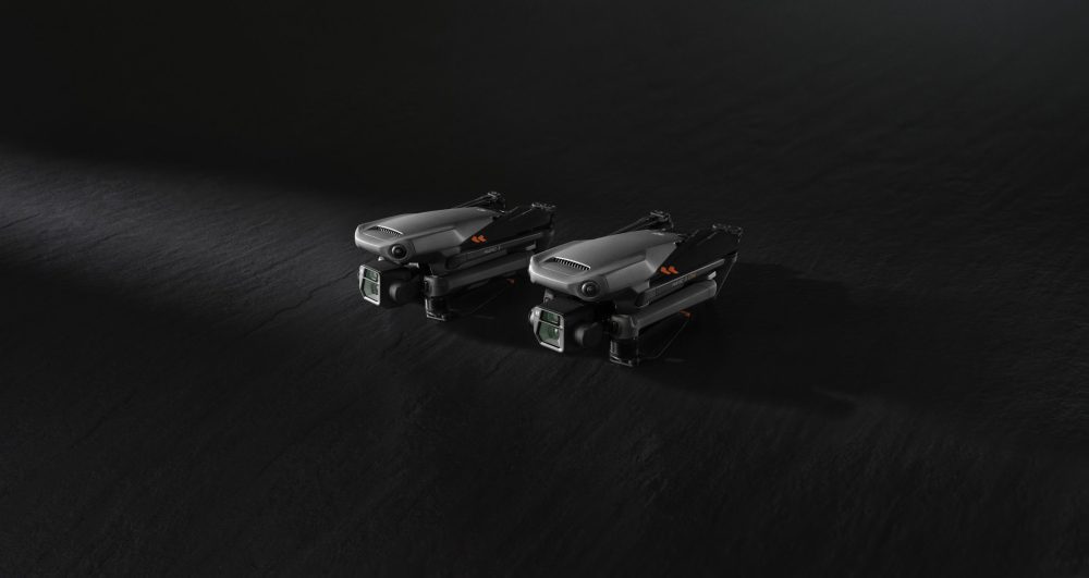 The Mavic 3 beside the Mavic 3 Cine, which adds a built-in 1TB SSD.
