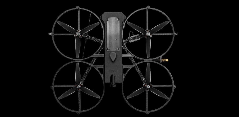 Rendering of a BRINC quadcopter with four ducted rotors on black.