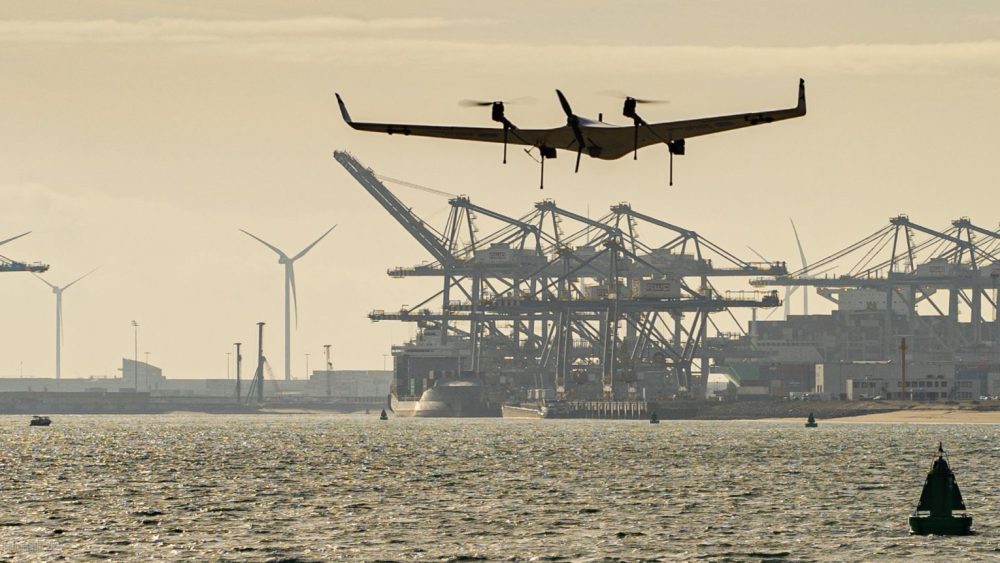 Avy Aera fixed-wing drone at the temporary drone port on the Yangtze Canal quayside.