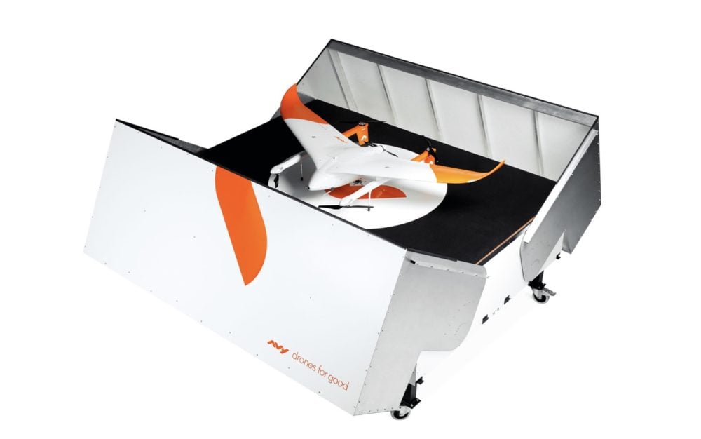 The updated Avy Aera VTOL delivery drone operating independently from its drone box.