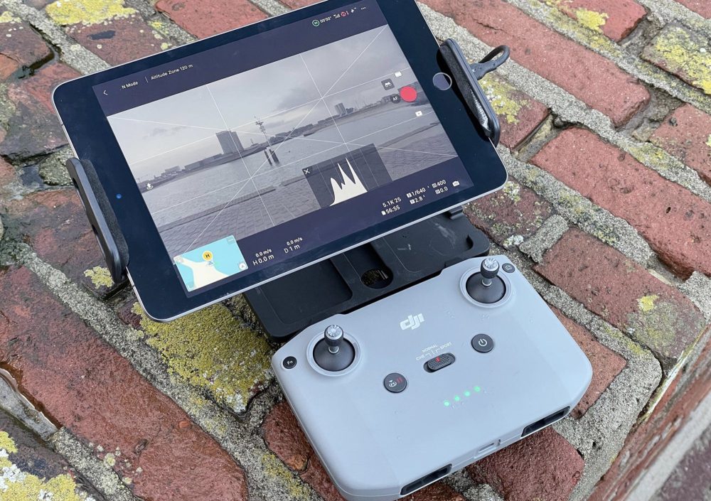 DJI RC-N1 remote controller paired with an iPad Mini for Mavic 3 flights.