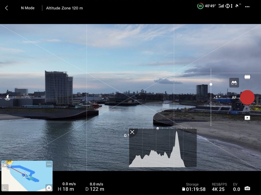 Screenshot of the DJI Fly app main interface with telemetry and camera controls.
