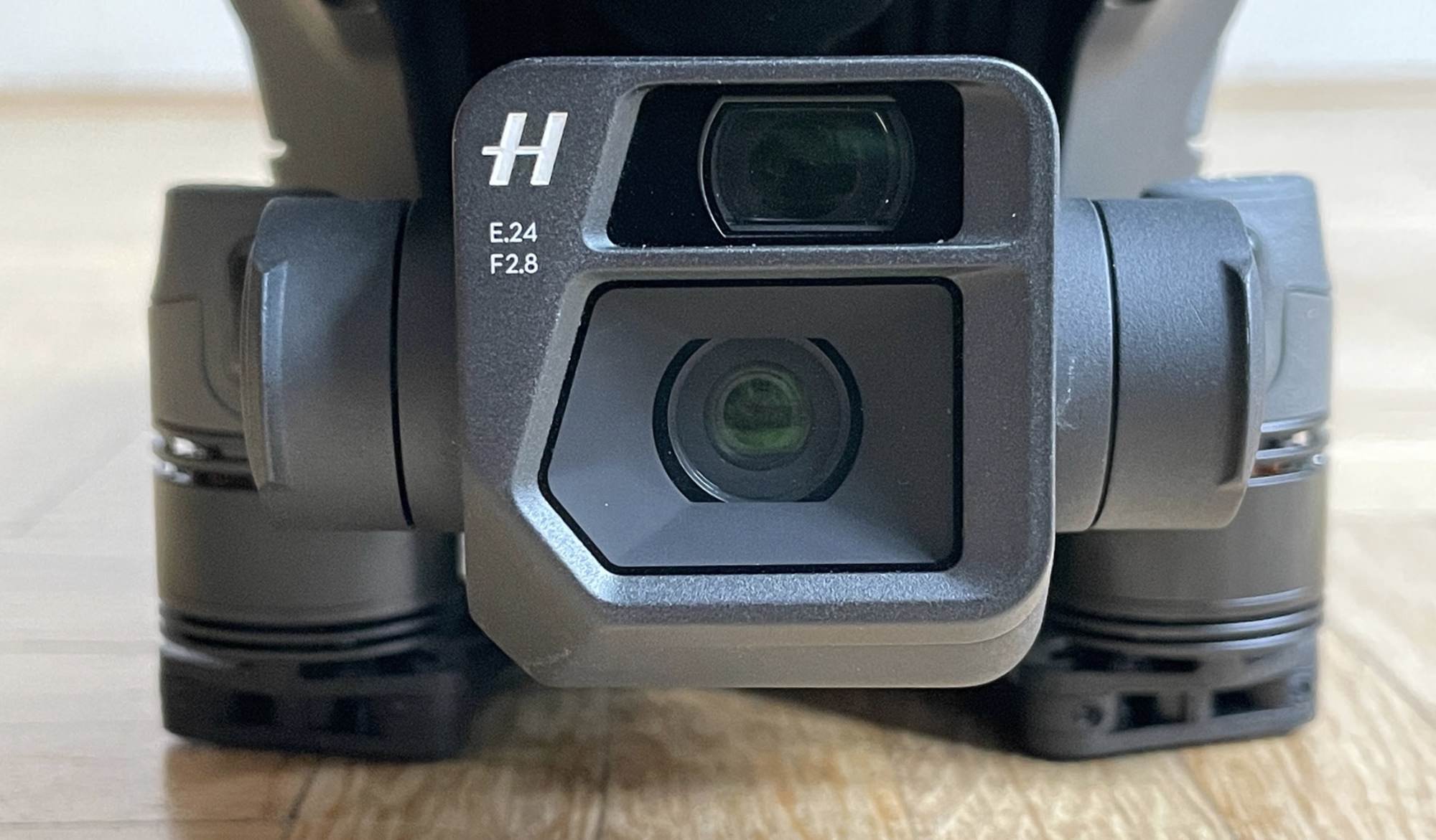 Close-up of the DJI Mavic 3 Hasselblad camera and its telephoto lens.
